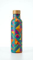 Colorful geometric patterned insulated water bottle with wooden cap featuring vibrant triangles, circles and abstract shapes in teal, orange, yellow and magenta for eco-friendly hydration.
