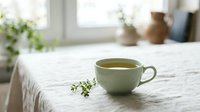 Green tea cup with fresh herb sprig on white linen table near window, ideal for wellness, lifestyle, and beverage marketing projects.