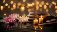 Spa wellness scene with lotus flowers, stacked stones, burning candles and wooden bowl creating peaceful meditation atmosphere with warm bokeh lights.