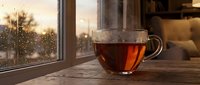 Steaming hot tea in glass cup on wooden windowsill with raindrops on window during golden hour sunset creating cozy warm atmosphere for relaxation and comfort.