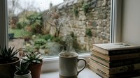 Cozy reading corner with coffee mug and books by window overlooking stone wall garden on rainy day creating peaceful indoor atmosphere.