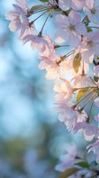 Delicate pink cherry blossoms blooming on tree branch against soft blue sky background, spring season nature scene for seasonal marketing campaigns.