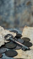 Antique skeleton key with old coins scattered on vintage handwritten letters creating nostalgic treasure hunting atmosphere for historical projects.