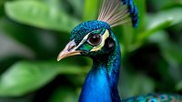 Close-up portrait of vibrant blue peacock head showing iridescent feathers and distinctive eye markings against natural green foliage background.