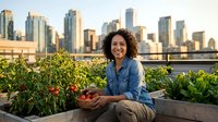 Urban farmer woman with curly dark hair and medium skin tone harvesting ripe tomatoes from rooftop garden boxes with city skyline in background during golden hour.