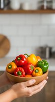 Hand holding wooden bowl filled with fresh red, yellow, orange and green bell peppers in modern kitchen with white subway tile backsplash. Healthy eating and cooking.