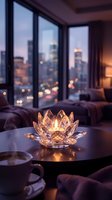 Crystal lotus candle holder glowing on table in modern apartment with city skyline view through windows at twilight creating warm ambient atmosphere.