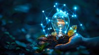 Creative innovation concept with glowing lightbulb planted in soil, surrounded by digital network connections, perfect for business growth and sustainable technology ideas.