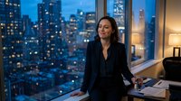 Mature woman of South Asian descent wearing professional black blazer standing at office desk with laptop, looking out floor-to-ceiling window at illuminated city skyline at dusk. Corporate executive in modern high-rise workplace setting.