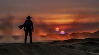 Lone cowboy silhouette stands against dramatic sunset with twin suns in alien desert landscape, science fiction western adventure concept.