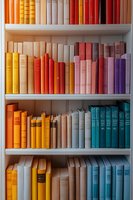Colorful books arranged by hue on white bookshelf, creating rainbow spectrum from orange and yellow to red, pink, purple, and blue tones.