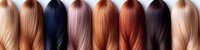 Row of different natural hair color swatches from blonde to black showing trendy dye shades and tones for professional hairstyling and beauty salon services.