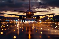Commercial passenger aircraft landing at sunset with dramatic sky and runway lights creating bokeh effect. Silhouette of plane approaching with illuminated navigation lights.
