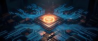 Futuristic AI processor chip with glowing orange core surrounded by intricate blue circuit pathways on dark motherboard for technology and computing concepts.