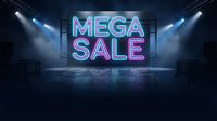 Neon mega sale sign glowing in purple and blue lights on dark stage with dramatic spotlights and smoke effects for retail promotion campaigns.