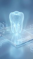 Digital holographic tooth projection on futuristic circuit board representing dental technology innovation and smart healthcare solutions.