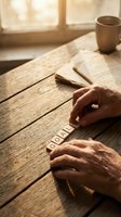 Senior hands arranging wooden letter blocks spelling GOALS on rustic table with warm sunlight streaming through window creating motivational workspace atmosphere.