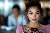 Young mixed race woman with curly hair in messy bun holding bowl of healthy breakfast oatmeal topped with fresh berries, smiling at camera in cafe setting.