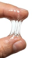 Transparent stretchy slime being pulled between two fingers, demonstrating elasticity and viscosity. Isolated on white background, suitable for educational, scientific, and product marketing materials.