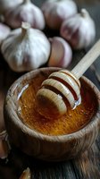 Wooden honey dipper in rustic bowl with golden honey, fresh garlic bulbs in background on dark wooden surface.