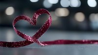 Glittering red ribbon forms heart shape against blurred bokeh background, creating romantic Valentine's Day or love concept composition with sparkly texture.