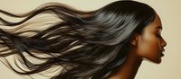 Young African American woman with flowing dark hair in motion against beige background, profile view, showcasing natural beauty and hair care concept.