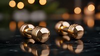 Golden dumbbells on dark marble surface with bokeh lights background, luxury fitness concept reflecting elegant lifestyle and premium workout equipment.