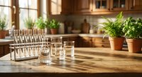 Clean glasses drying on wooden kitchen counter with green plants and warm natural lighting creating cozy home atmosphere for cooking and dining preparation.