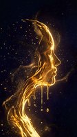 Golden liquid splash with flowing droplets against dark starry background creating dynamic motion effect for luxury design projects.