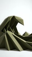 Abstract geometric sculpture with angular olive green faceted surfaces creating dynamic flowing forms on white background for modern design projects.