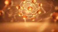 Golden molecular structure with glowing spheres and connecting bonds floating in warm amber light with bokeh effects for scientific presentations.