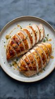 Sliced roasted chicken breast with golden-brown skin, fresh herbs, and pan juices on a speckled ceramic plate. Perfect for food blogs, recipes, and culinary content.