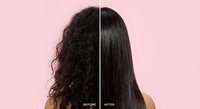 Hair straightening before and after transformation showing curly to sleek straight hair treatment results on pink background for beauty salon services.