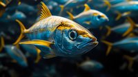 Yellow-finned tuna swimming in deep blue ocean waters, close-up view showing metallic scales and distinctive eye, with school of fish in soft focus background.