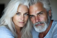 Happy mature couple with silver hair embracing and smiling at camera in intimate portrait showing love and connection in golden years of marriage.