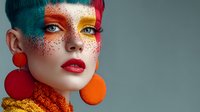 Young woman with vibrant artistic makeup featuring colorful face paint, glitter, and bold geometric designs for creative beauty and fashion concepts.