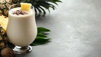 Creamy pineapple coconut smoothie garnished with chocolate shavings and fresh fruit in hurricane glass on gray concrete background with tropical leaves.