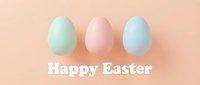 Three pastel Easter eggs in mint, pink and blue on a peach background with Happy Easter greeting, perfect for spring holiday cards.