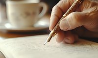 Close-up of senior hand writing with vintage fountain pen on paper, with blurred teacup in background, creating nostalgic atmosphere.