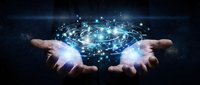 Hands holding futuristic holographic network with glowing connections and data points representing digital technology, artificial intelligence and innovation.