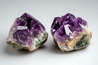 Two raw amethyst crystal specimens with natural purple quartz formations and mixed mineral inclusions on white background for geology education and healing.