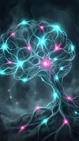 Glowing neural network brain with electric synapses and energy connections on dark background for medical and technology concepts.