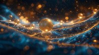 Glowing golden sphere floating in cosmic space with flowing light streams and sparkling particles creating magical celestial atmosphere for fantasy designs.