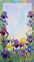 Iris flowers frame a soft watercolor background in shades of blue, purple, and gold, creating an elegant border design. Use for greeting cards, invitations, stationery, and decorative projects.