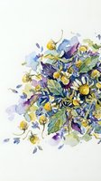 Watercolor bouquet of yellow, blue, and purple flowers with green foliage on isolated white background, suitable for greeting cards, invitations, and design projects.