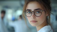 Young woman wearing stylish round glasses and white blouse looking thoughtfully at camera with soft natural lighting in office environment, messy bun hairstyle.
