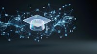 Digital graduation cap floating in futuristic network of connected dots and lines representing online education technology and e-learning innovation.