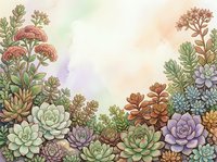 Watercolor succulent garden border with colorful plants and flowers on soft pastel background for botanical design projects and nature artwork.