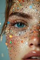 Close up of blue eye with colorful glitter and sparkles on skin, artistic beauty makeup with shimmering multicolored particles for cosmetic advertising.