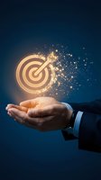 Male hand in business suit holding glowing target with arrow and particle effects, symbolizing goal achievement, success strategy, and business objectives on blue background.